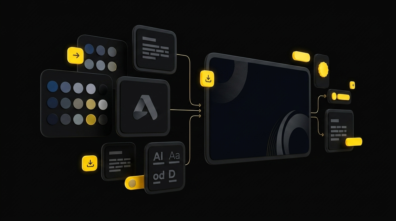 Floating brand configuration cards with color palette swatches, logo placeholder, and styled video preview on black background