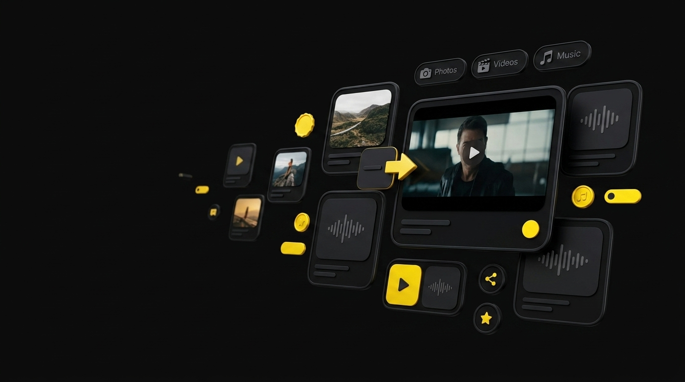 Floating media library cards with photo thumbnails, video clips, and music waveform icons on black background