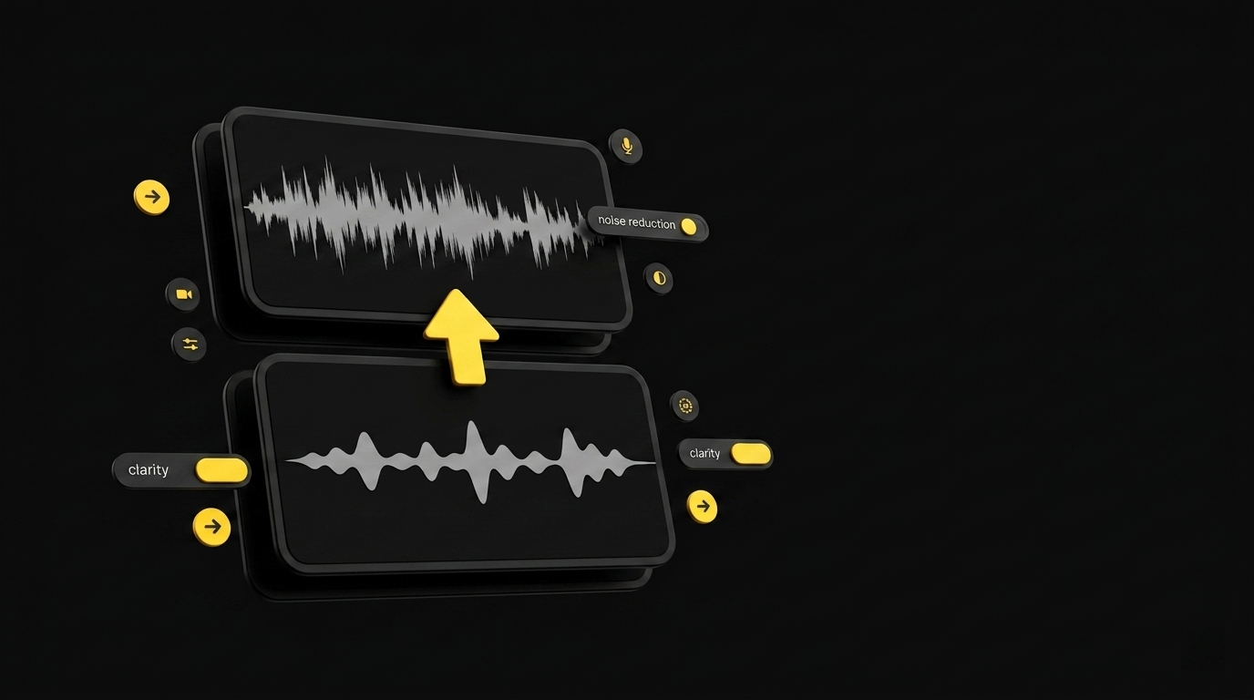 Floating audio cards with waveform patterns and enhancement slider controls on black background