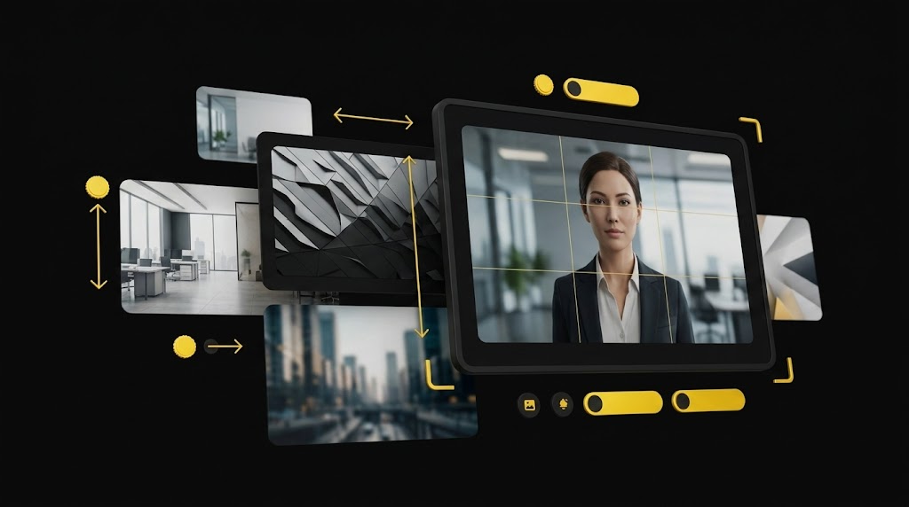 Floating video frame cards with composition grid overlays and framing guide arrows on black background