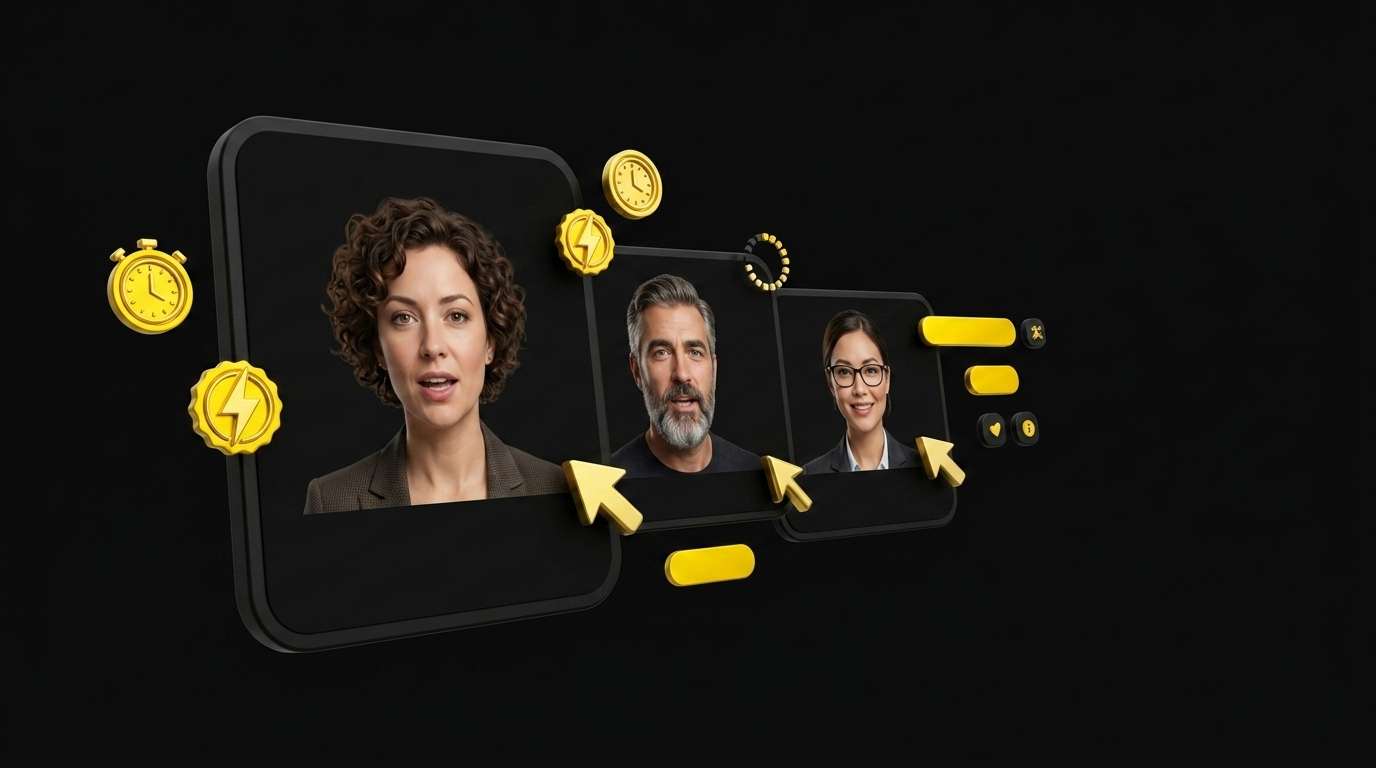 Multiple floating content cards showing AI avatars creating videos simultaneously across platforms on black background