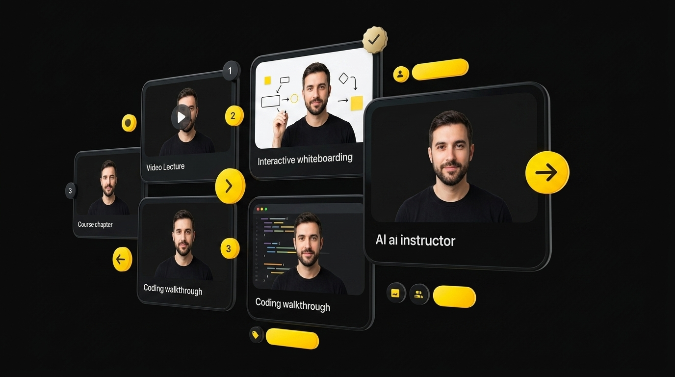 Grid of floating lesson cards all featuring the same consistent AI instructor avatar across different topics on black background