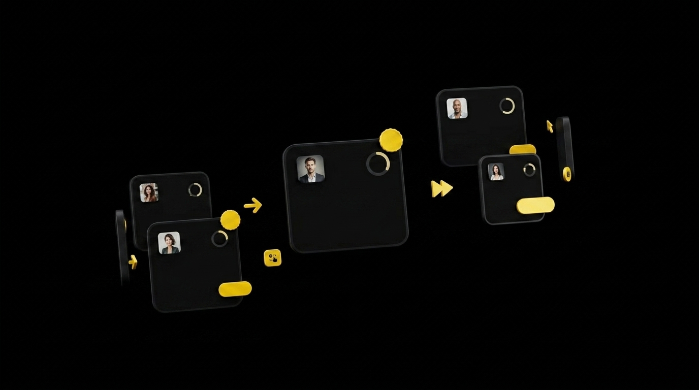 Small floating micro-lesson cards with circular progress rings and AI avatar thumbnails on black background