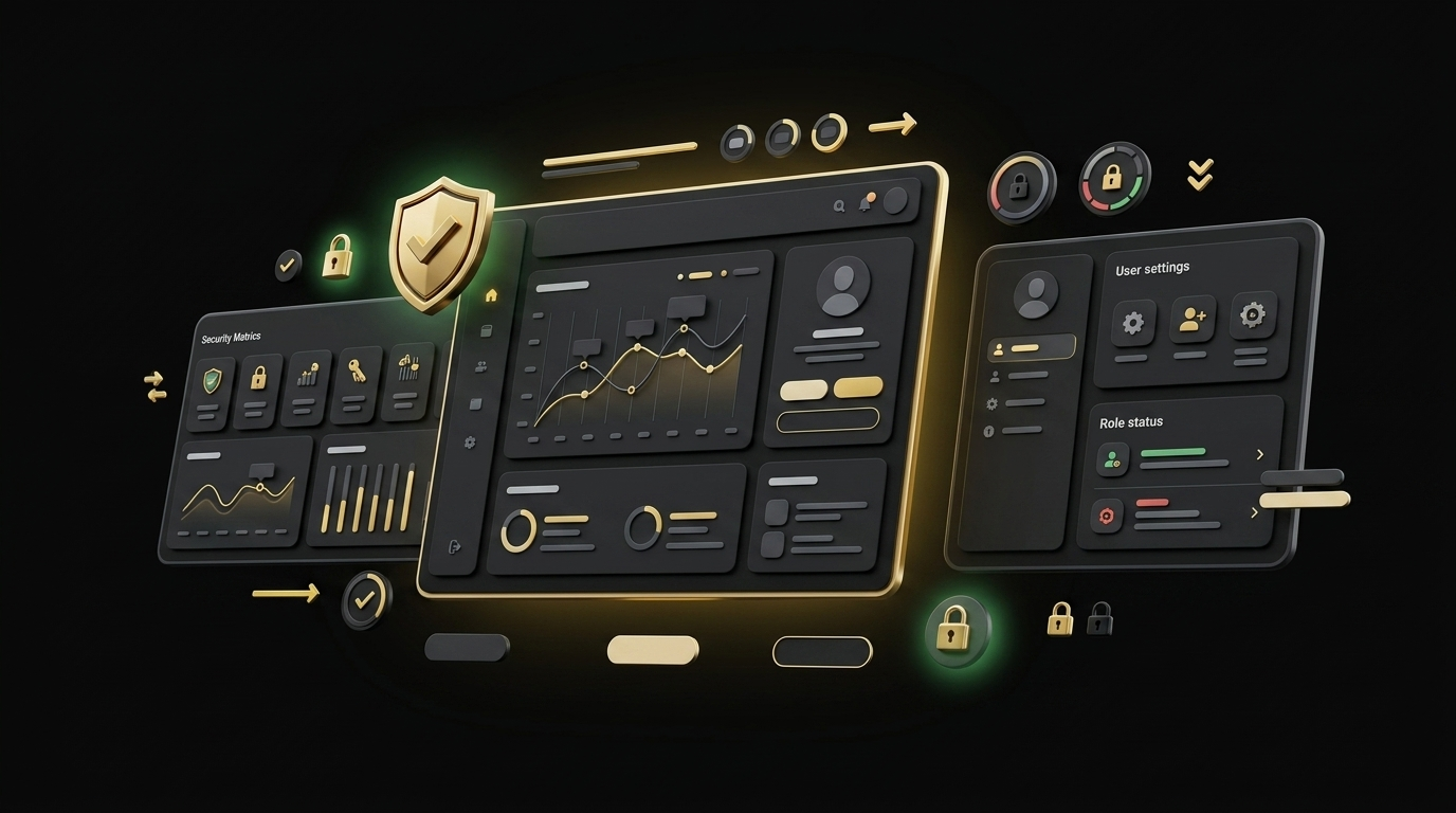 Floating security-themed cards with shield icons, lock badges, and role access indicators on black background