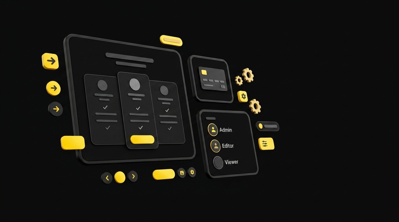 Floating settings cards with subscription plan options, payment method indicators, and team role badges on black background