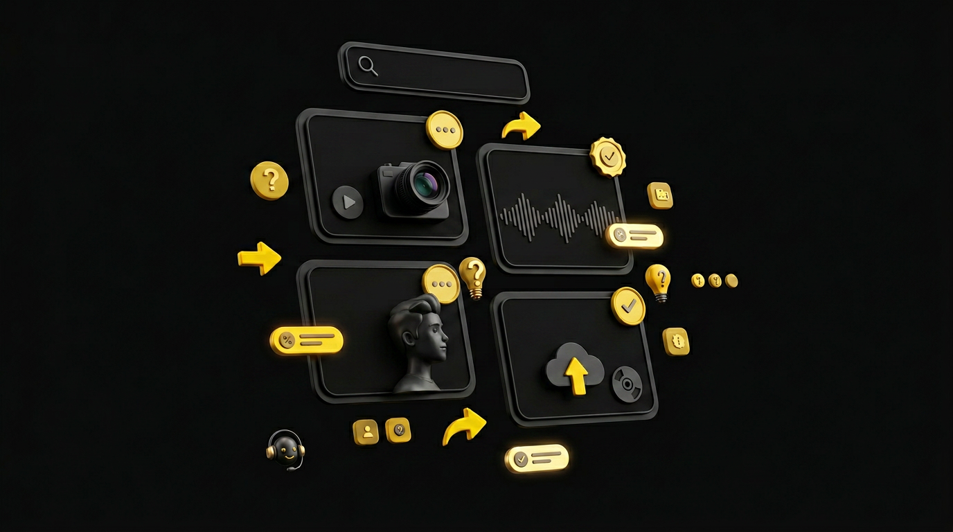 Floating FAQ cards with category icons, expandable solution indicators, and a search bar card on black background