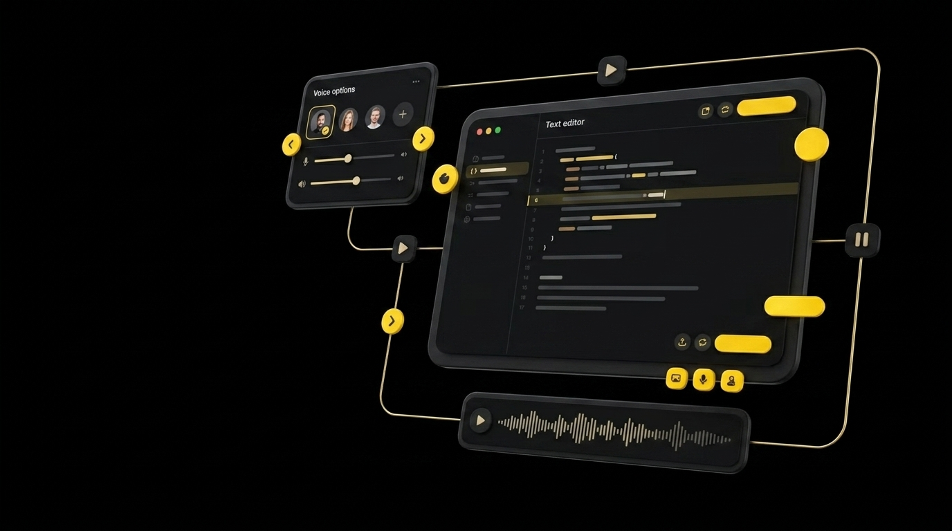 Floating cards showing text editor and voice settings panel with audio waveform preview on black background