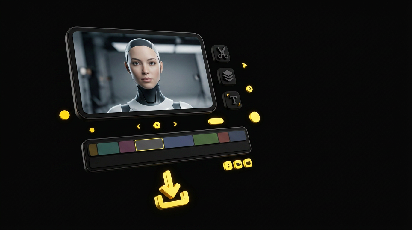 Floating video editing cards with timeline strip, overlay tools, and export resolution options on black background