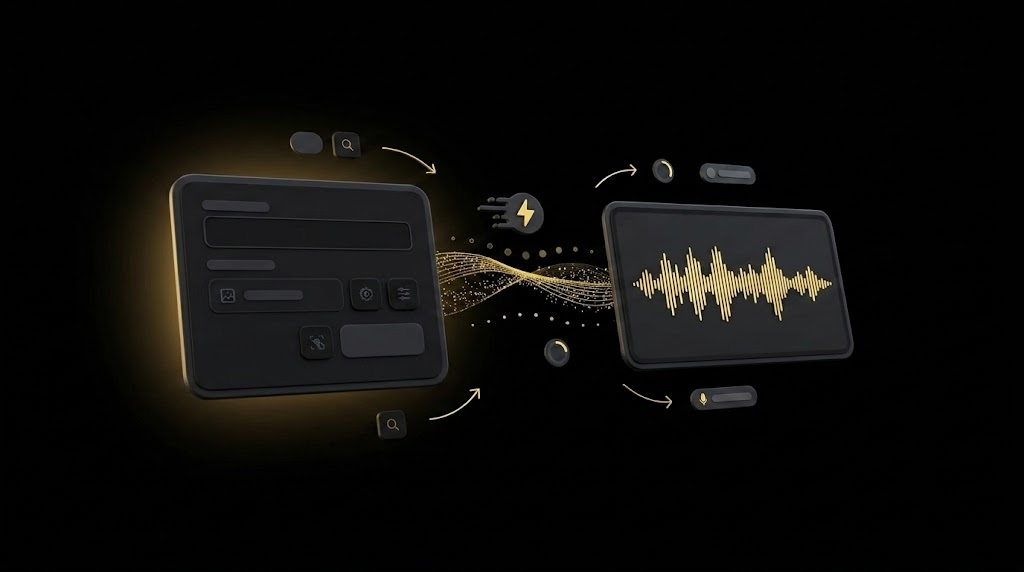 Floating cards showing text input streaming into live audio waveform output with speed badges on black background