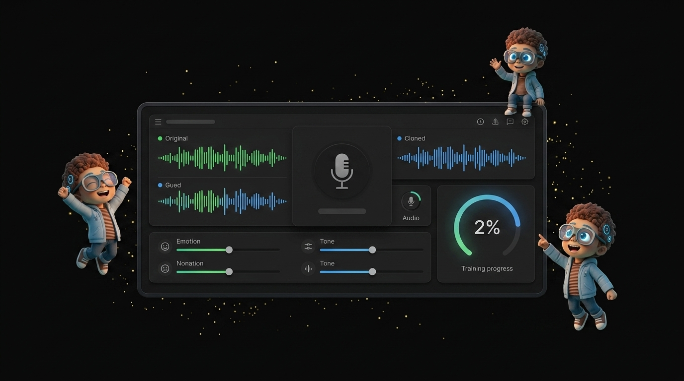 Percify AI voice cloning interface showing voice training progress, waveform comparison, and emotion control sliders