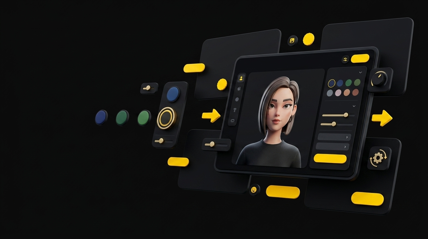 Floating avatar card with surrounding customization controls — color swatches, style sliders, and adjustment knobs on black background