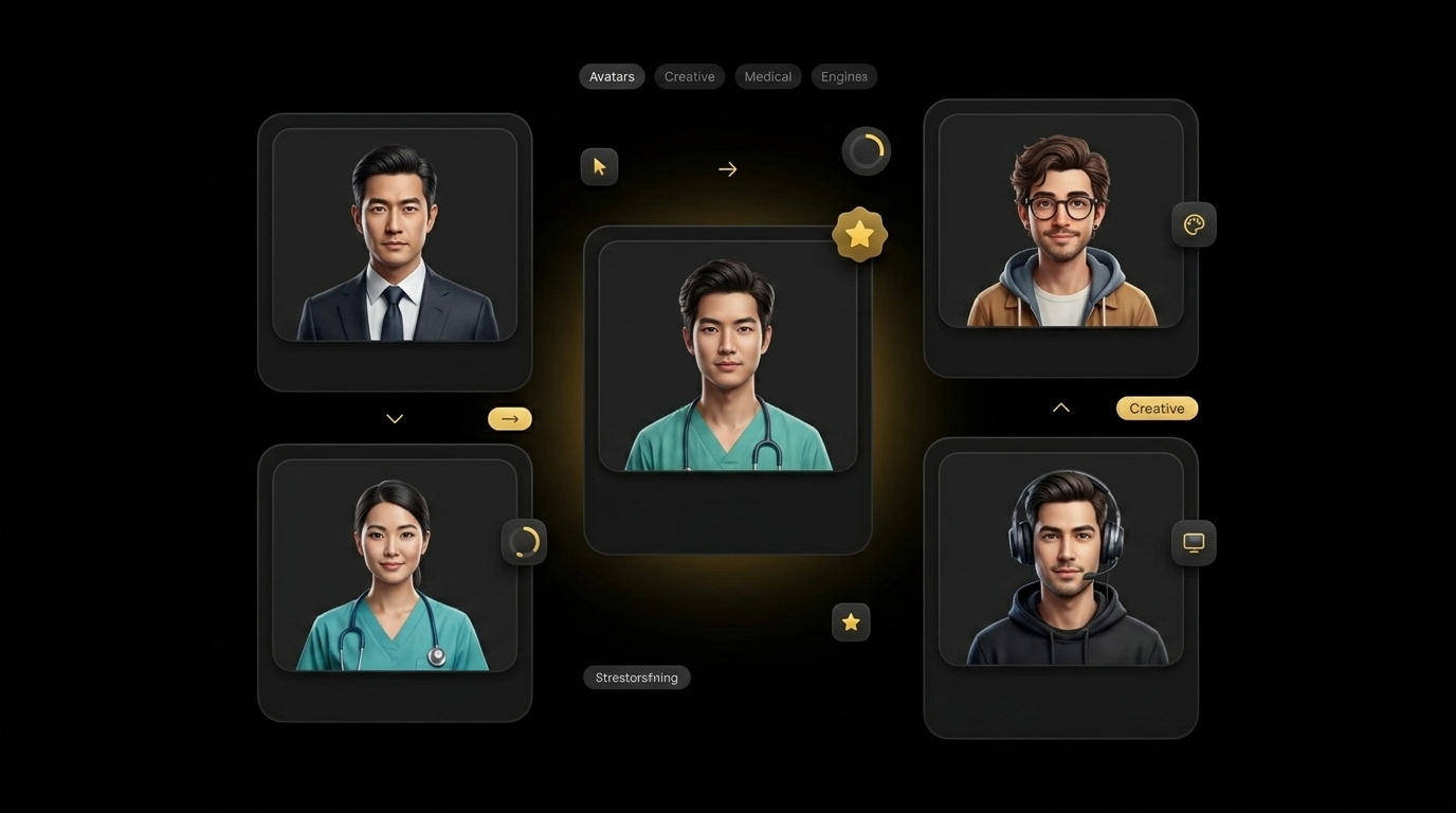 Floating grid of avatar template cards showing diverse professional styles with category filter pills on black background