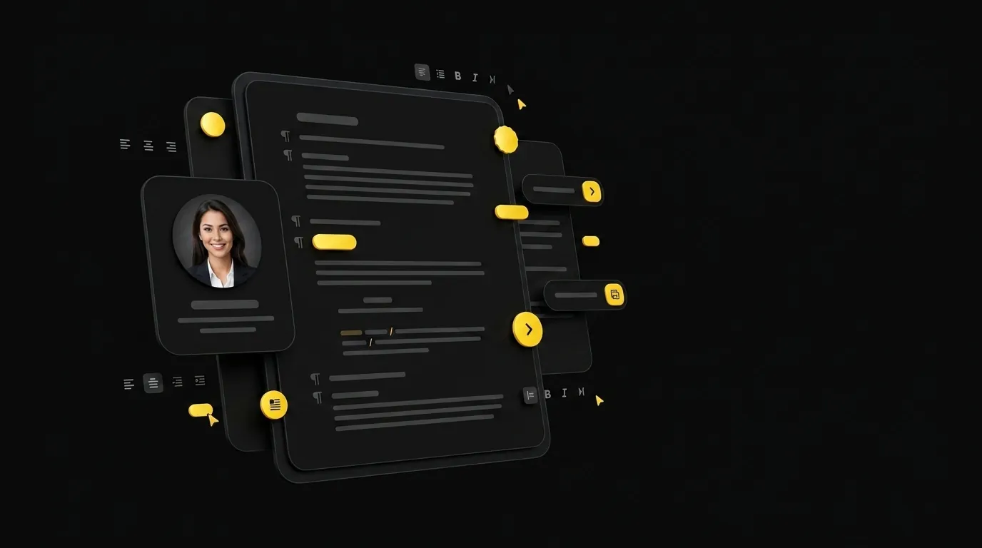 Floating script cards with AI optimization suggestion badges and a small avatar preview card on black background