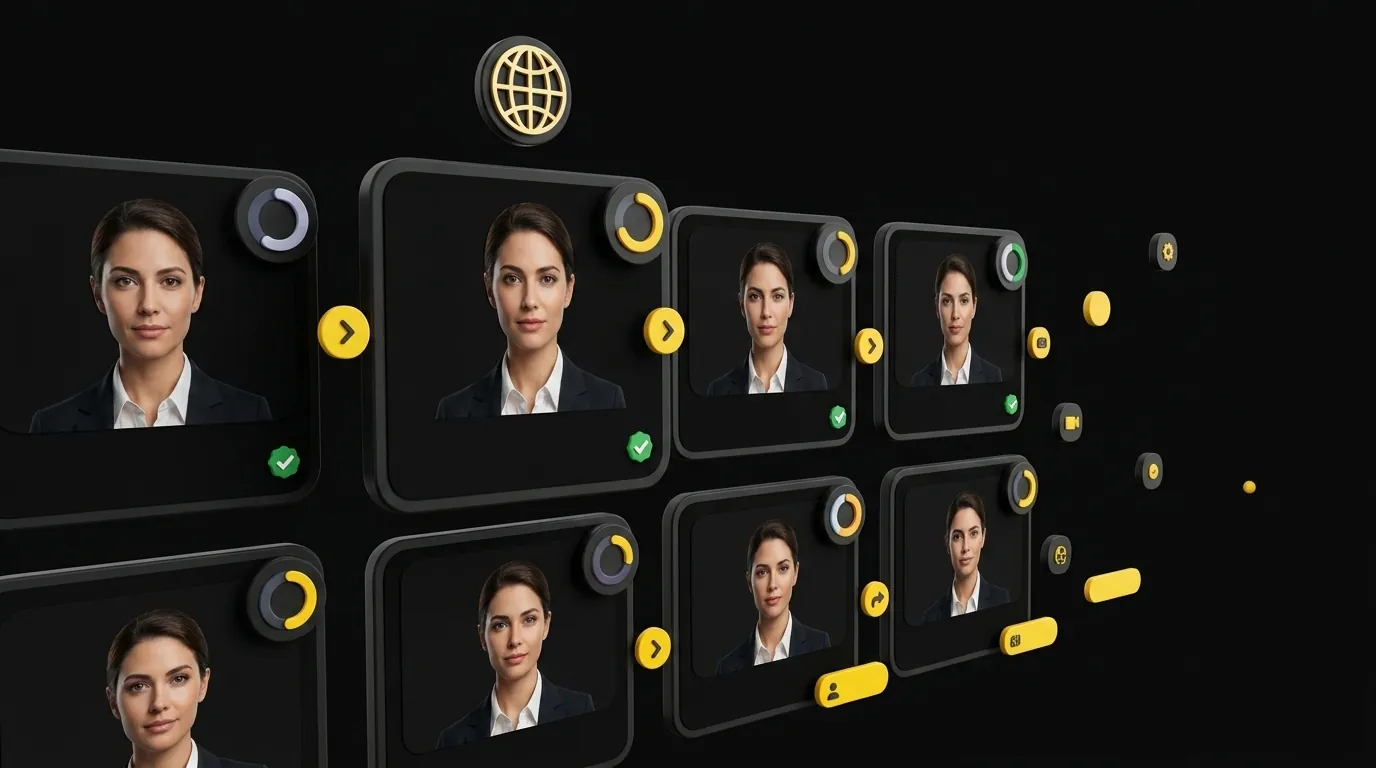 Floating training module cards with consistent AI instructor and completion rate progress rings on black background