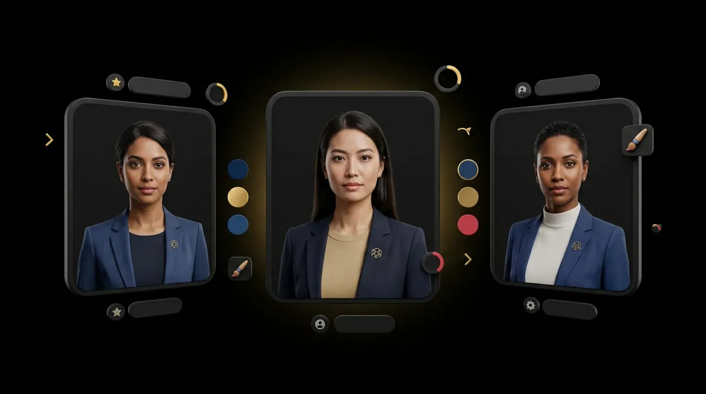 Floating cards showing AI avatars in matching corporate attire with color palette swatches on black background