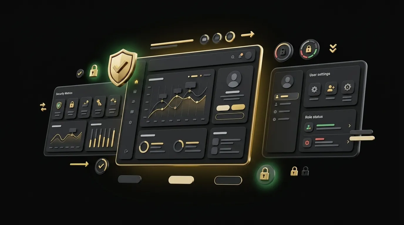 Floating security-themed cards with shield icons, lock badges, and role access indicators on black background