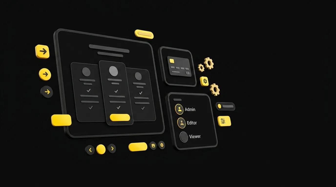 Floating settings cards with subscription plan options, payment method indicators, and team role badges on black background