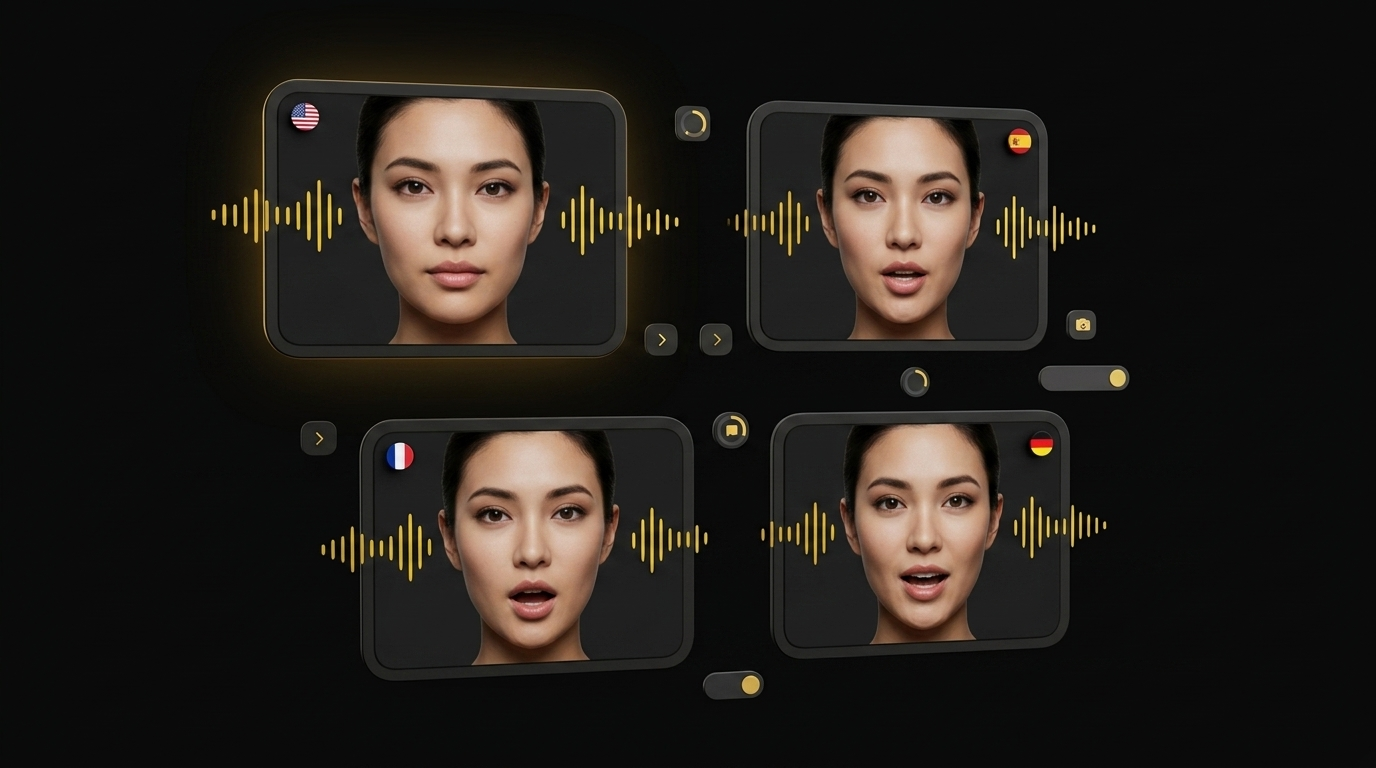 Floating cards showing the same avatar synced to different languages with small flag icons on black background