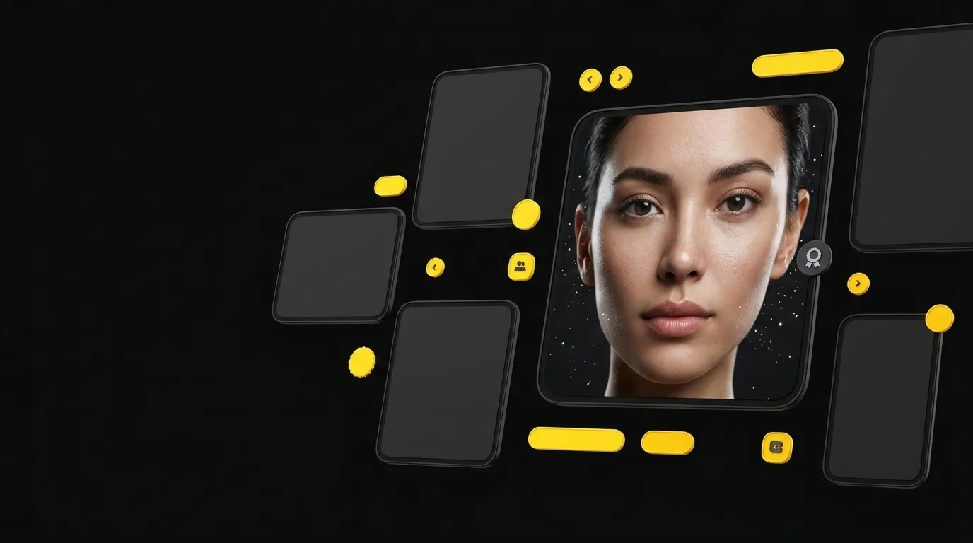 Large floating card showing ultra-detailed AI avatar face in studio lighting with quality badge on black background