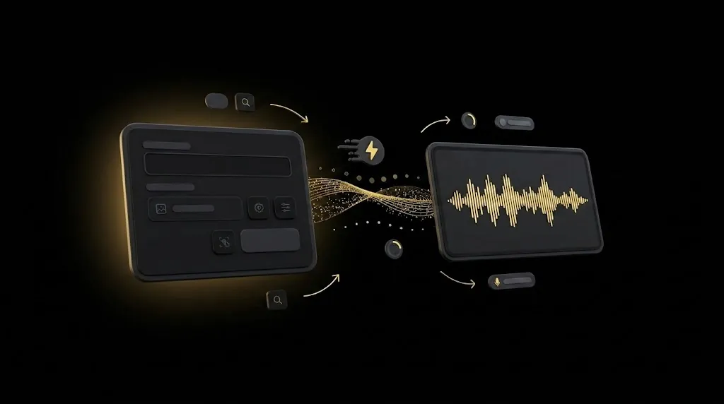 Floating cards showing text input streaming into live audio waveform output with speed badges on black background