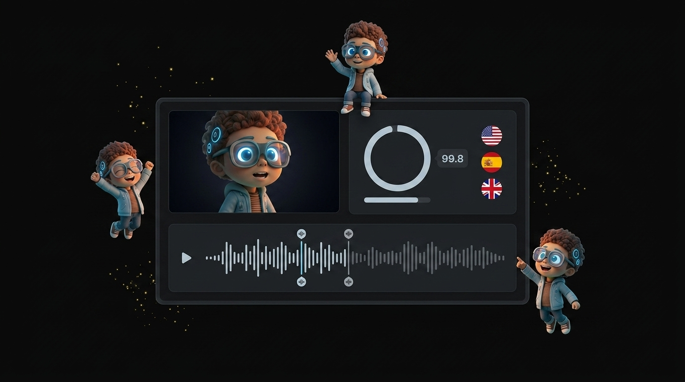 Percify AI lip sync technology showing audio waveform synchronized with avatar facial animation and accuracy metrics